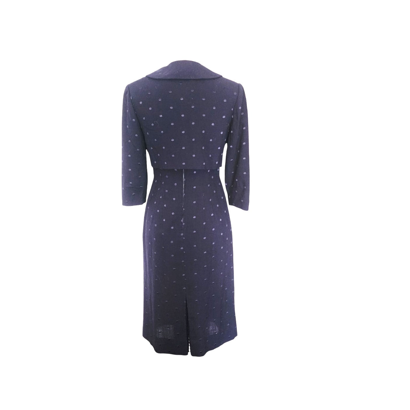 Vintage 1950s Dress + Jacket Suit Set Navy Blue Polkadot Wool Silk / M