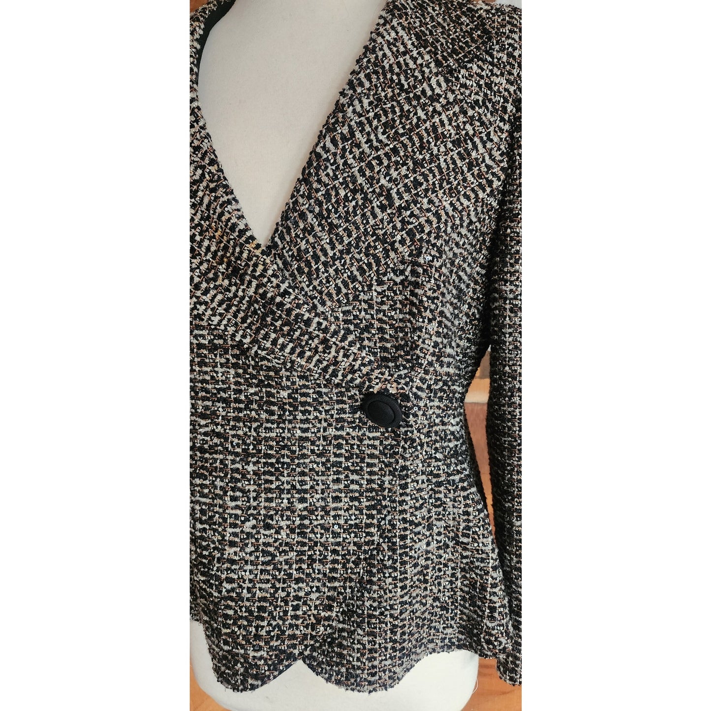 Vintage 2000s Armani Blazer Gray Gold Boucle Tweed Peplum Fitted Jacket / L