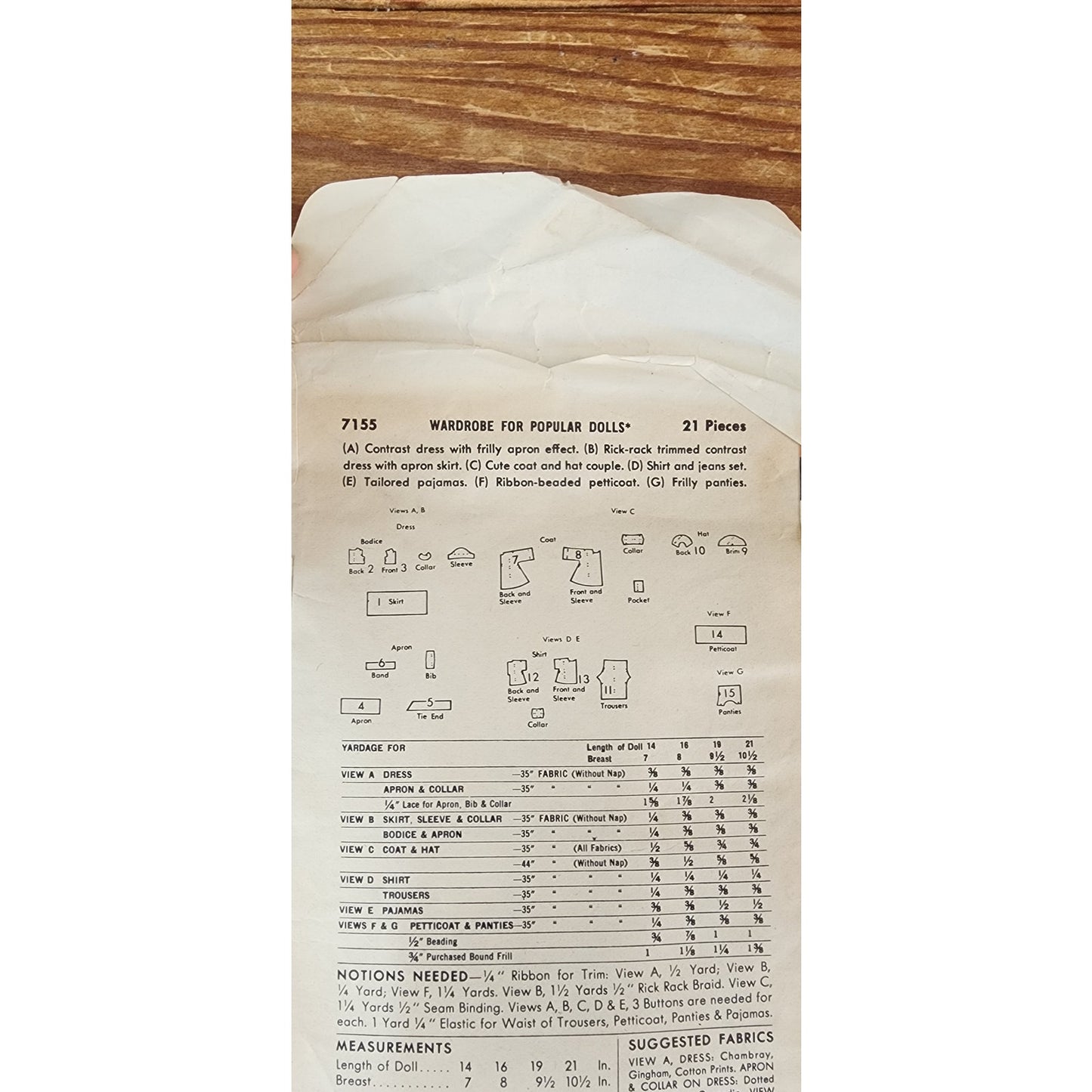 Vintage 1950s ORIGINAL Sewing Pattern: Wardrobe for Popular Dolls 16" Butterick 7155