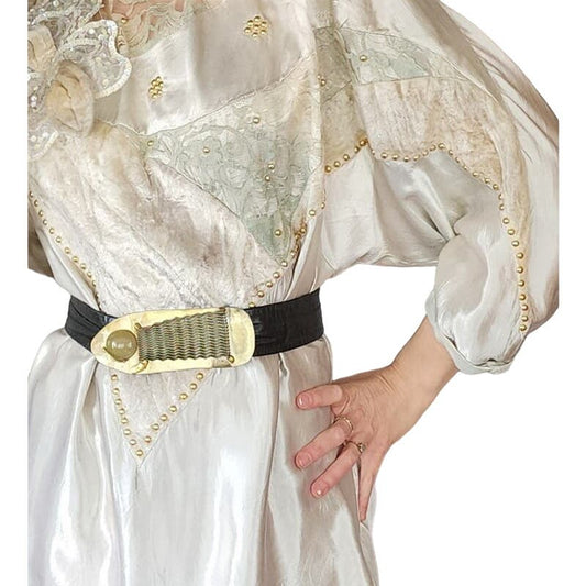 Vintage 80s Belt Artisinal Avant Garde Brass Buckle Signed