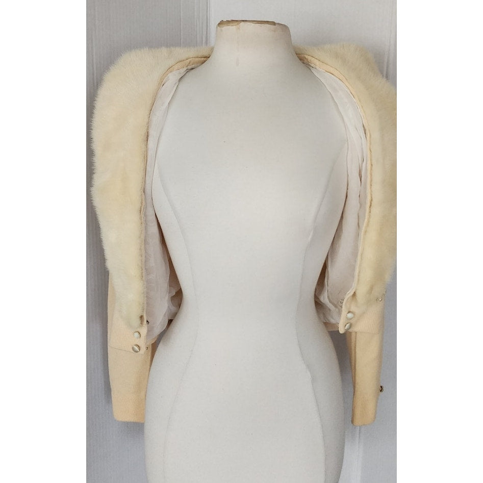 Vintage 50s Cardigan Cream Cashmere Sweater w/Blonde Mink