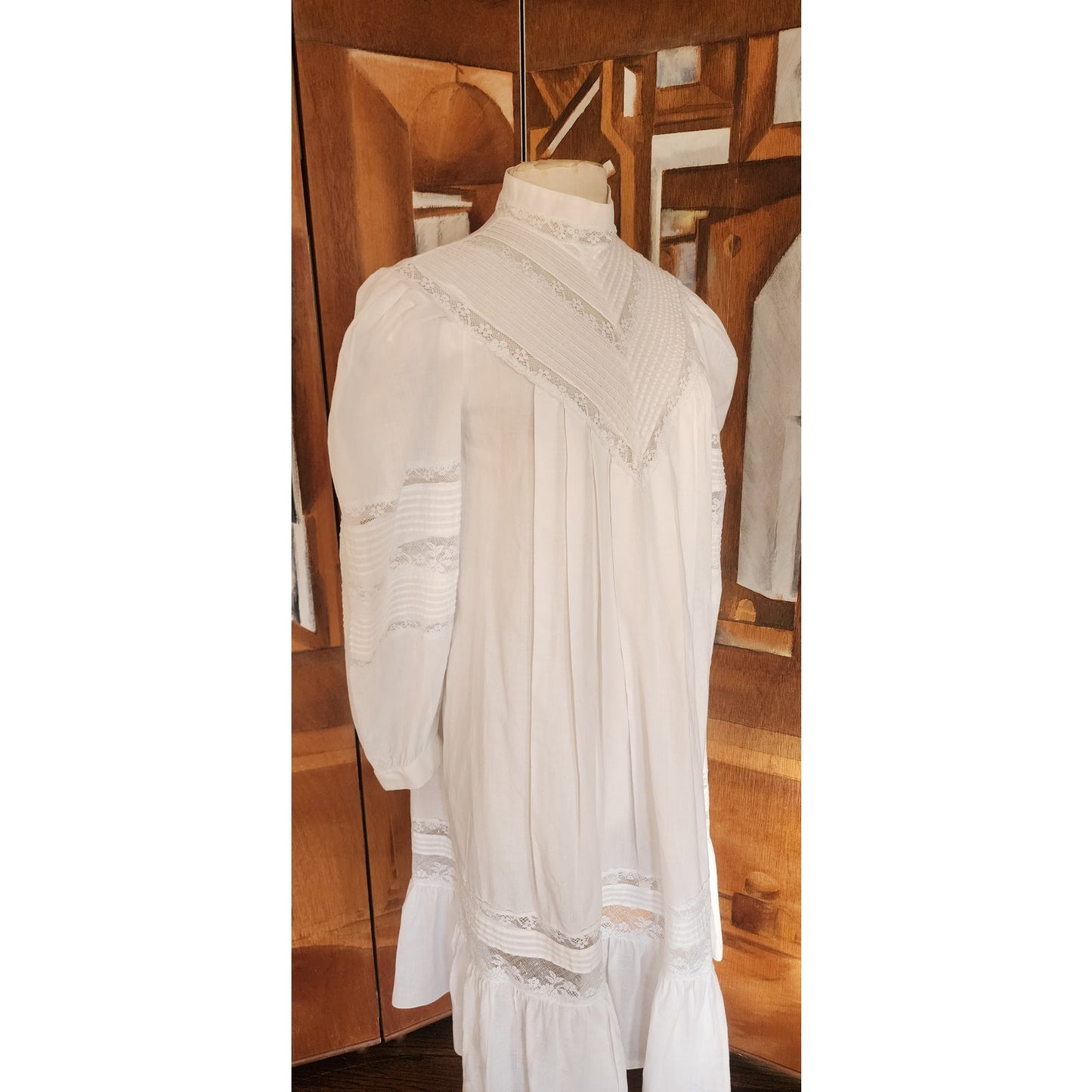 Vintage 80s Ceegee Sue Wong White Cotton Lace Dress Festival Boho Victorian Puff Sleeve