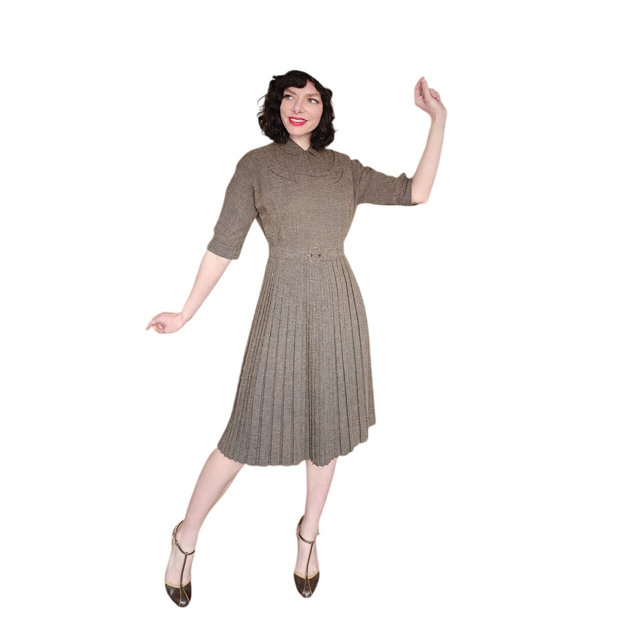 Vintage 40s Brown day Dress w/Belt Nubby Texture Kabro of Houston