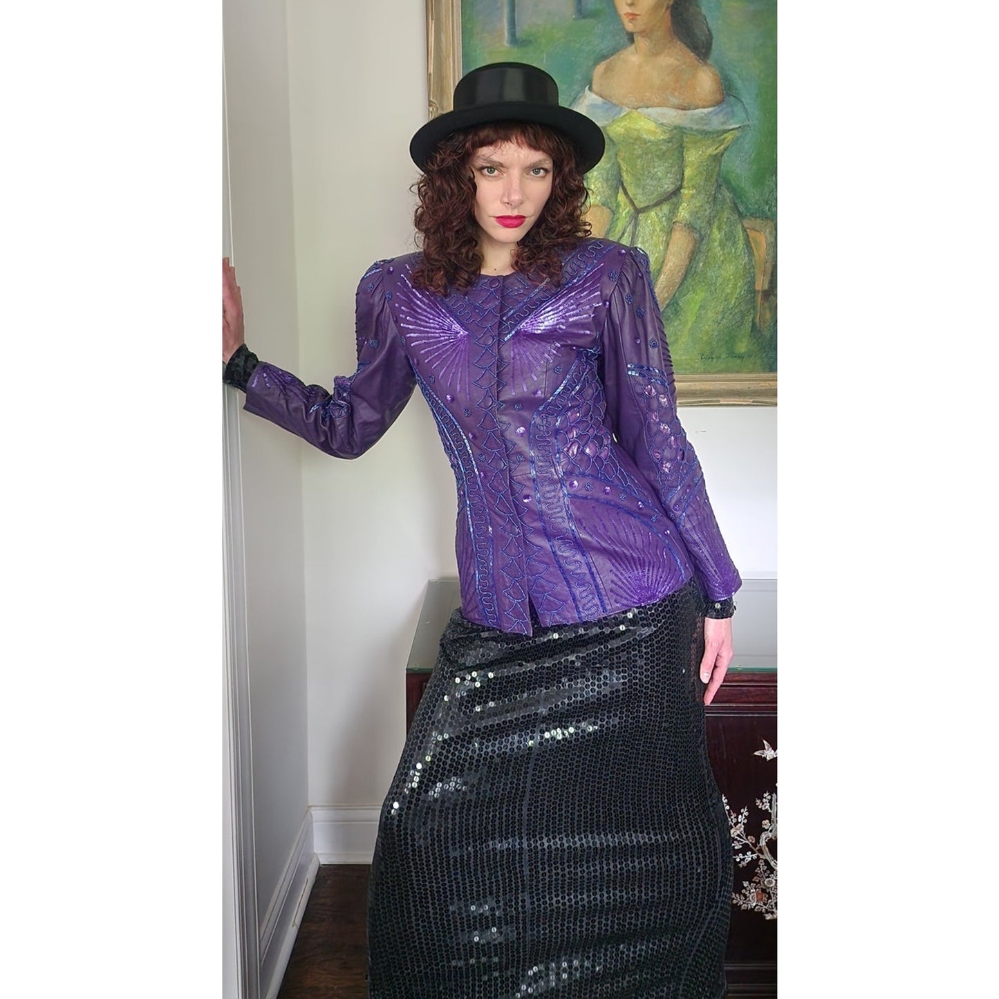 Vintage 80s Purple Leather Blazer Beaded Sequined Jacket French Collizioni / M