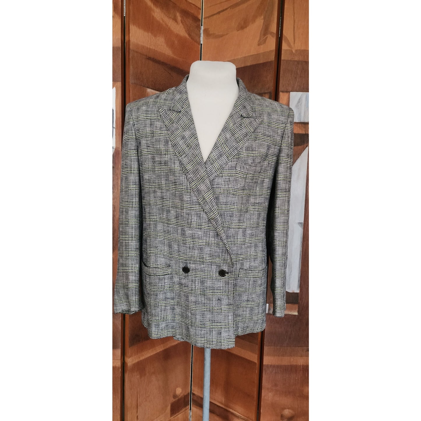 Vintage 80s Gucci Mens Blazer Gray Plaid Linen Double Breasted Sz 48
