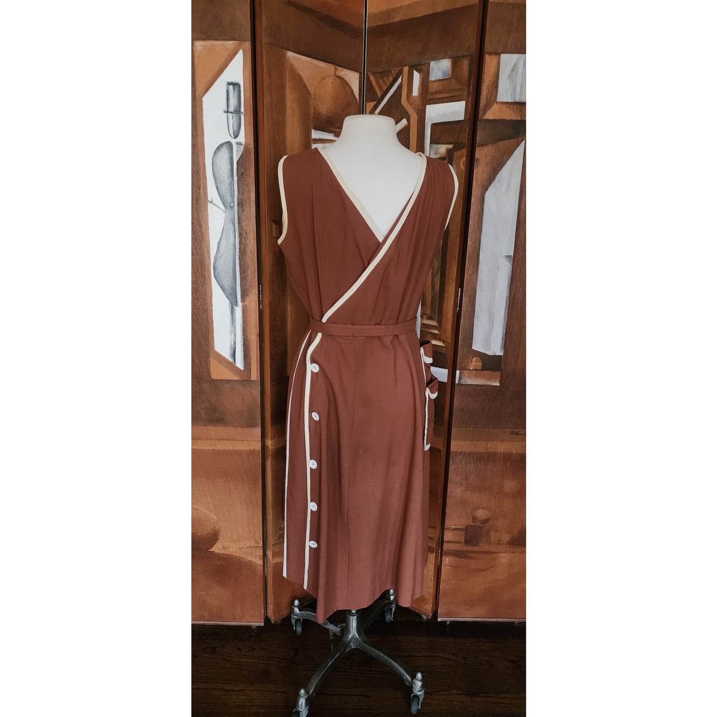 Vintage 40s Belted Day Dress in Brown & White Trim Unusual Double Pocket Design by Dawncrest