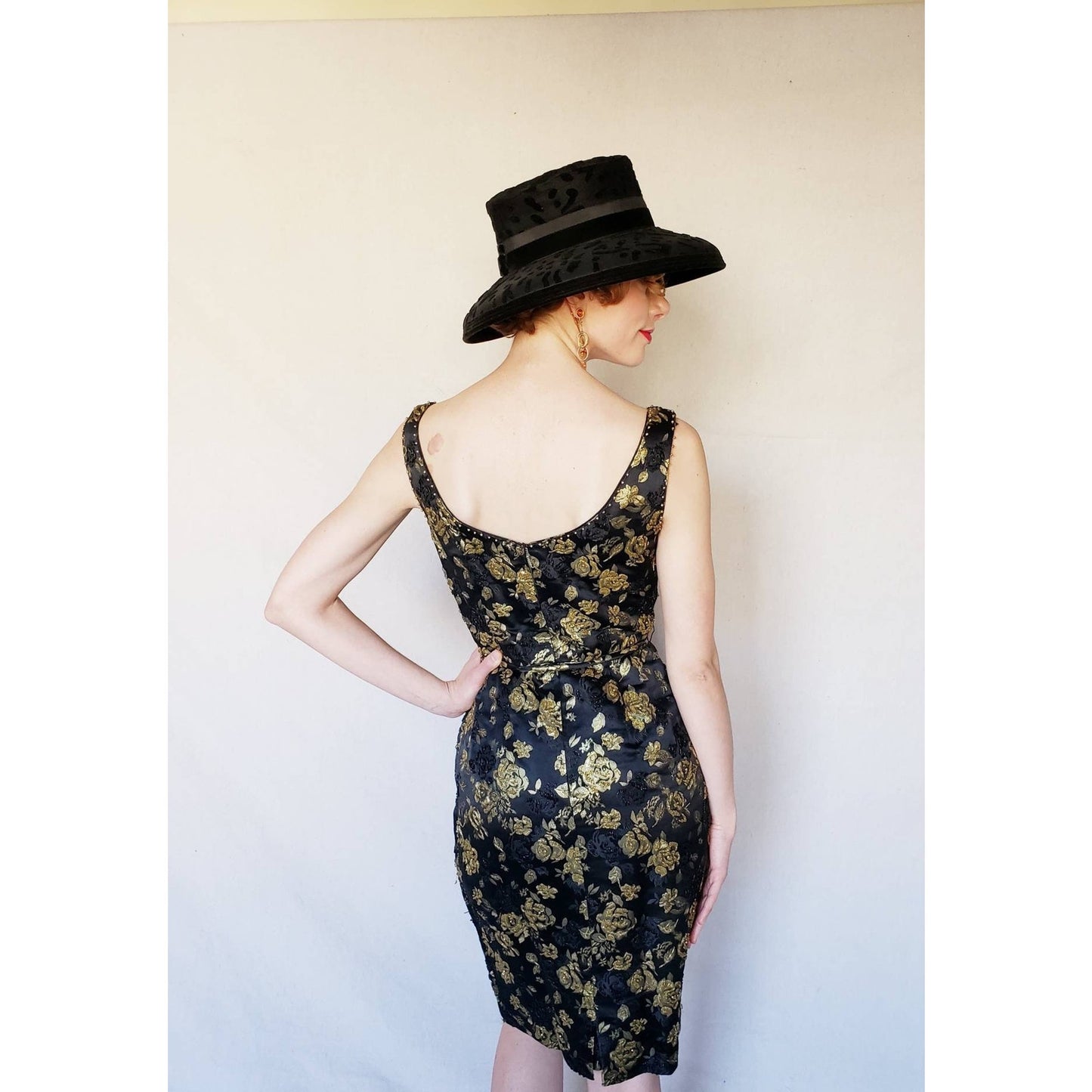Vintage 1960s Cocktail Dress Black Gold Floral Beaded Brocade Sleeveless Wiggle Party Dress Ornate S