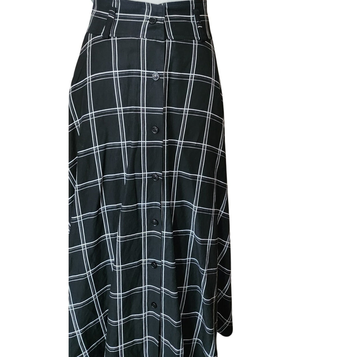 Vintage 1990s Anne Klein II Long Skirt Black Linen White Plaid Button Down / M