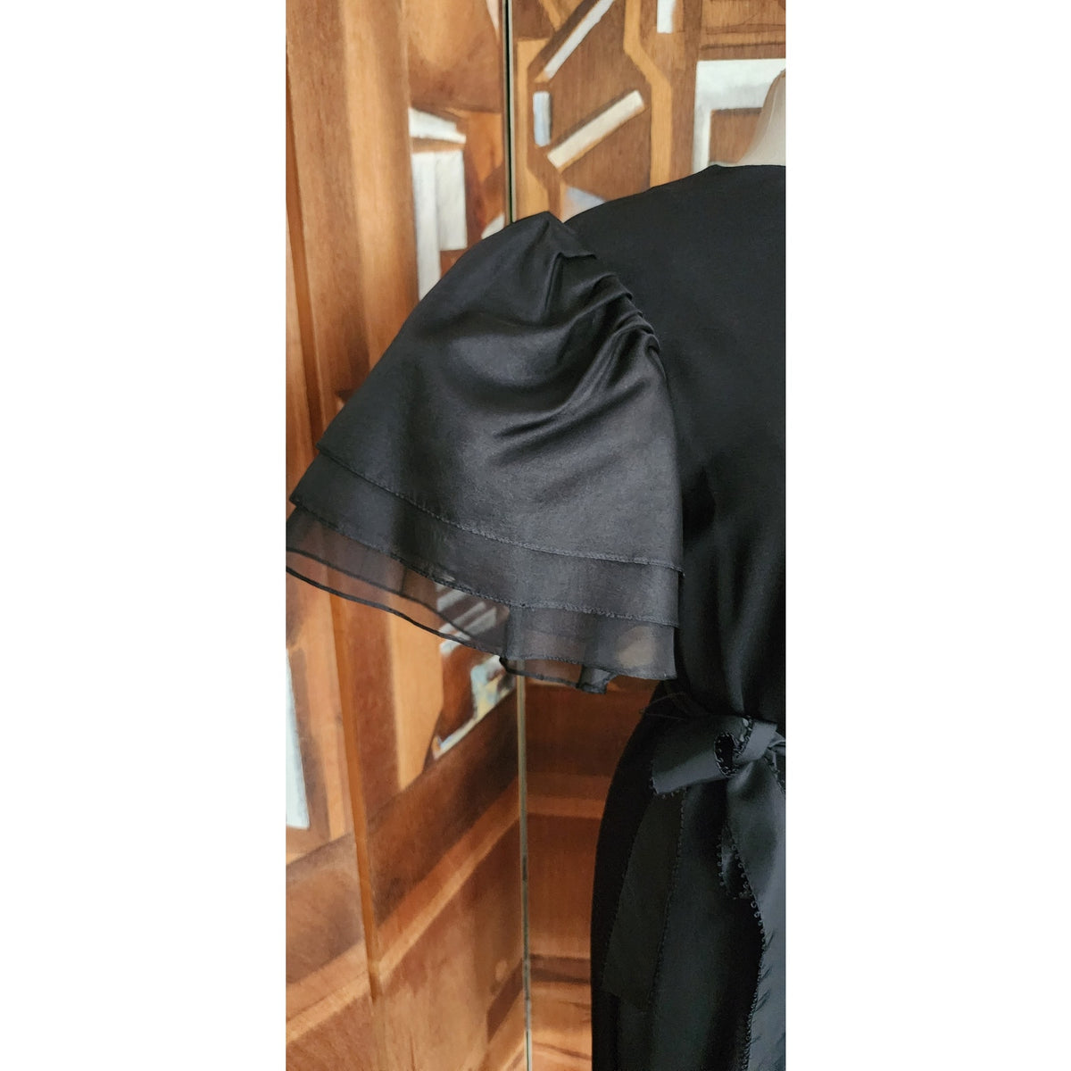 Vintage 1980s Bill Blass Party Dress Black Organza Puffy Sleeve Belted Medium
