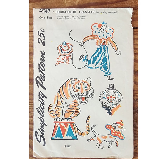 Vintage 50s Craft Kit ORIGINAL: Circus Color Transfer Decals Hot Iron Simplicity 4547