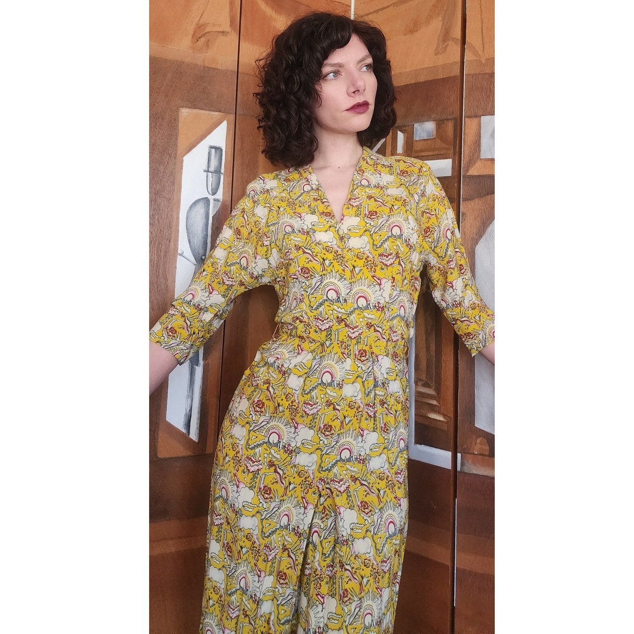 Vintage 40s Yellow Rayon Novelty Print Midi Dress XS