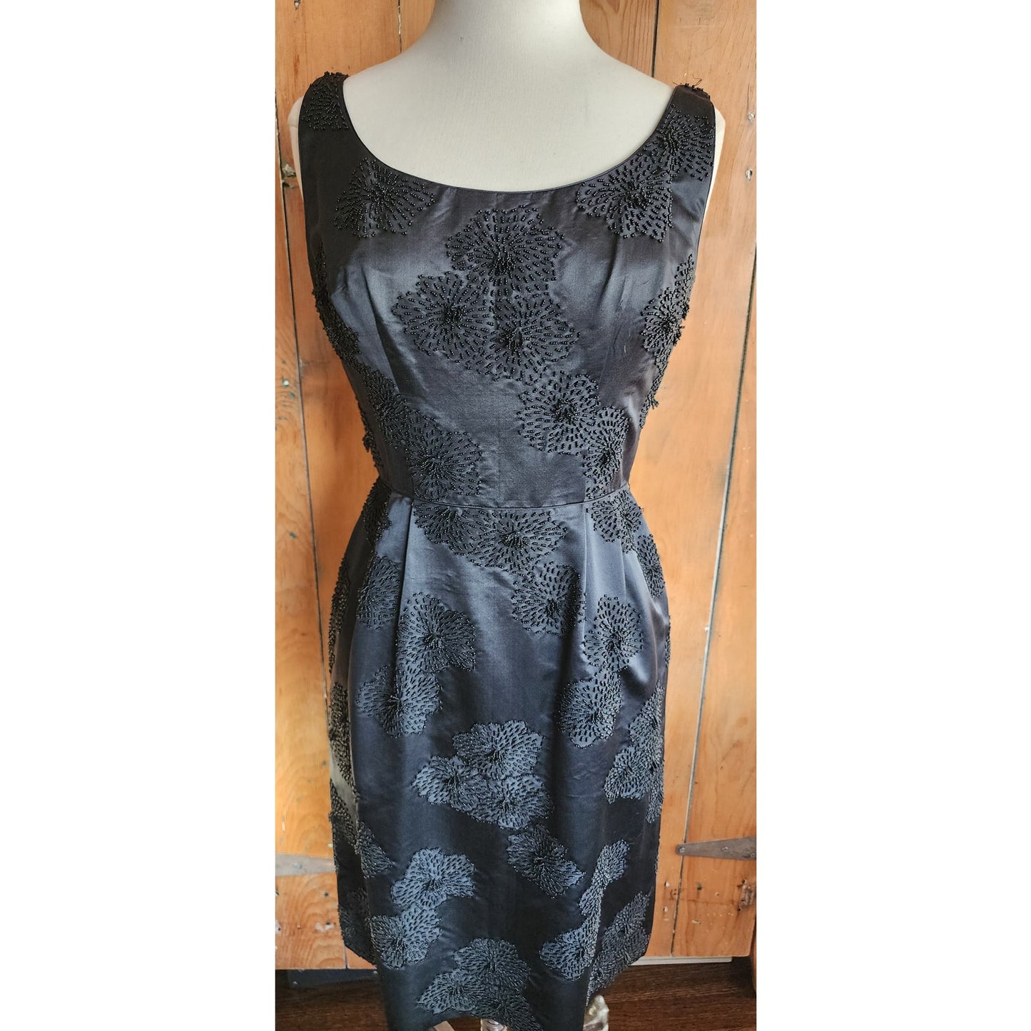 60s Wiggle Dress Black Beaded Silk Hong Kong Embroidery / M