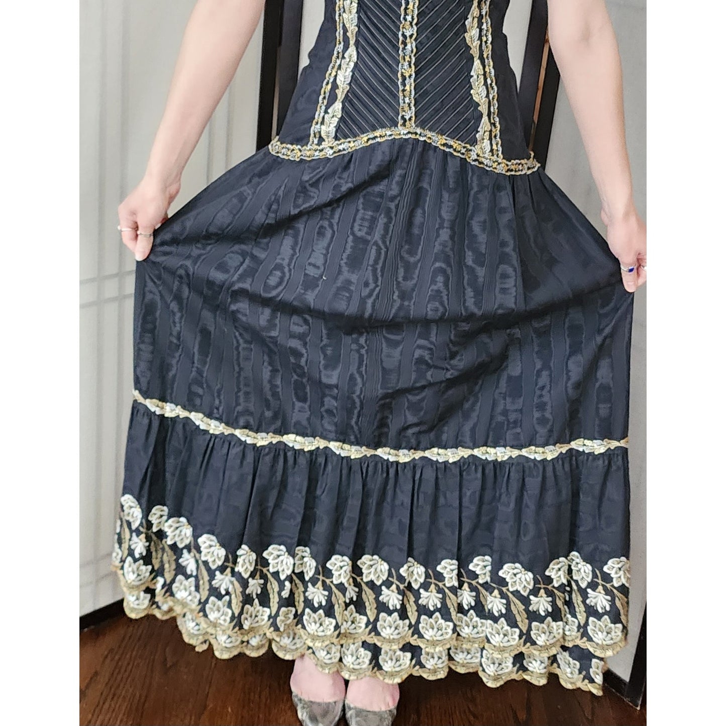 Vintage Strapless Evening Dress Black Gold Brocade Lace Trim