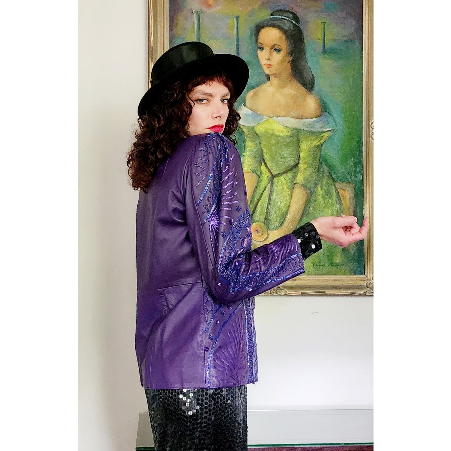 Vintage 80s Purple Leather Blazer Beaded Sequined Jacket French Collizioni / M