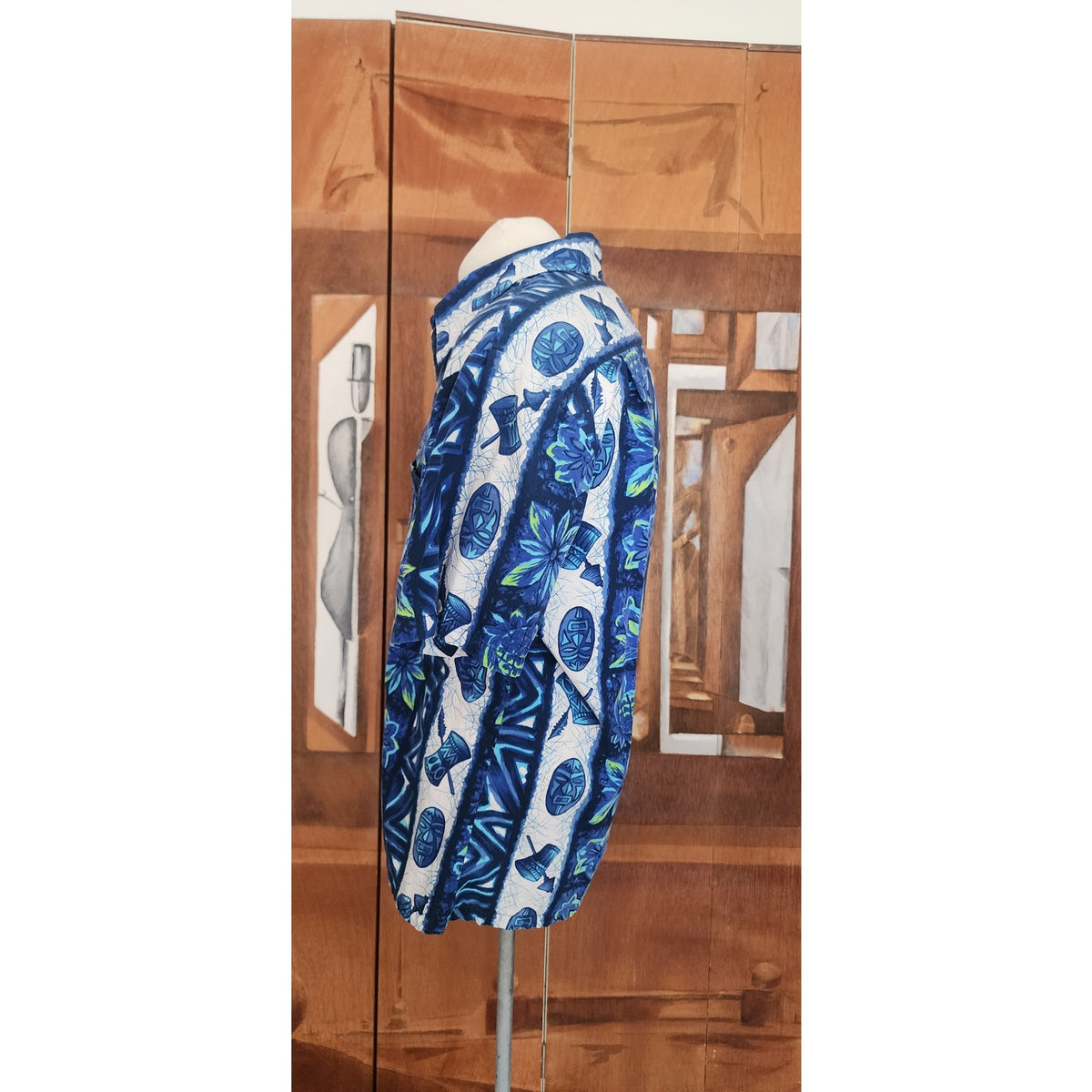 Vintage 1960s Ui-Maikai Men's Blue Hawaiian Tiki Shirt Cotton Short Sleeve