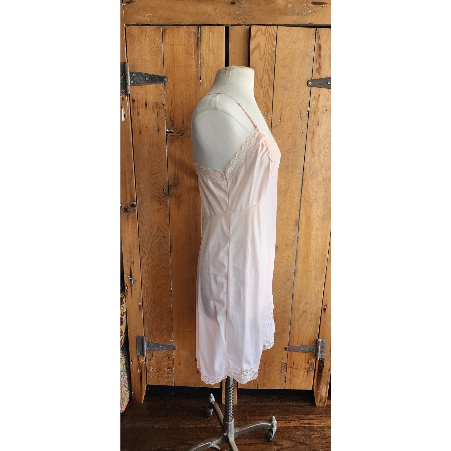 60s Pink Nylon Slip Dress w/Lace Knee Length Medium