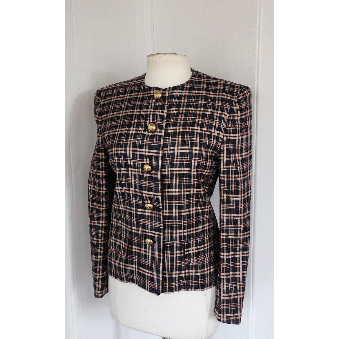 Vintage 80s Jaeger Blazer Navy Blue Brown Plaid Wool Blend