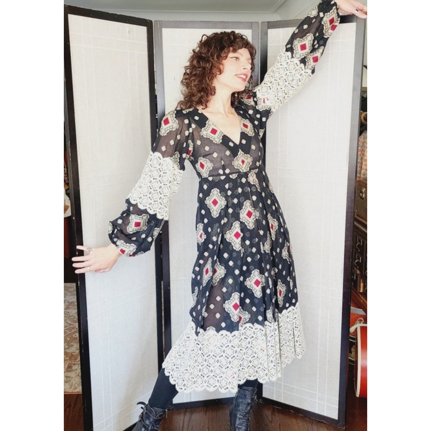 Vintage 70s Thea Porter Dress Black Brocade Cotton & Lace Balloon Sleeves