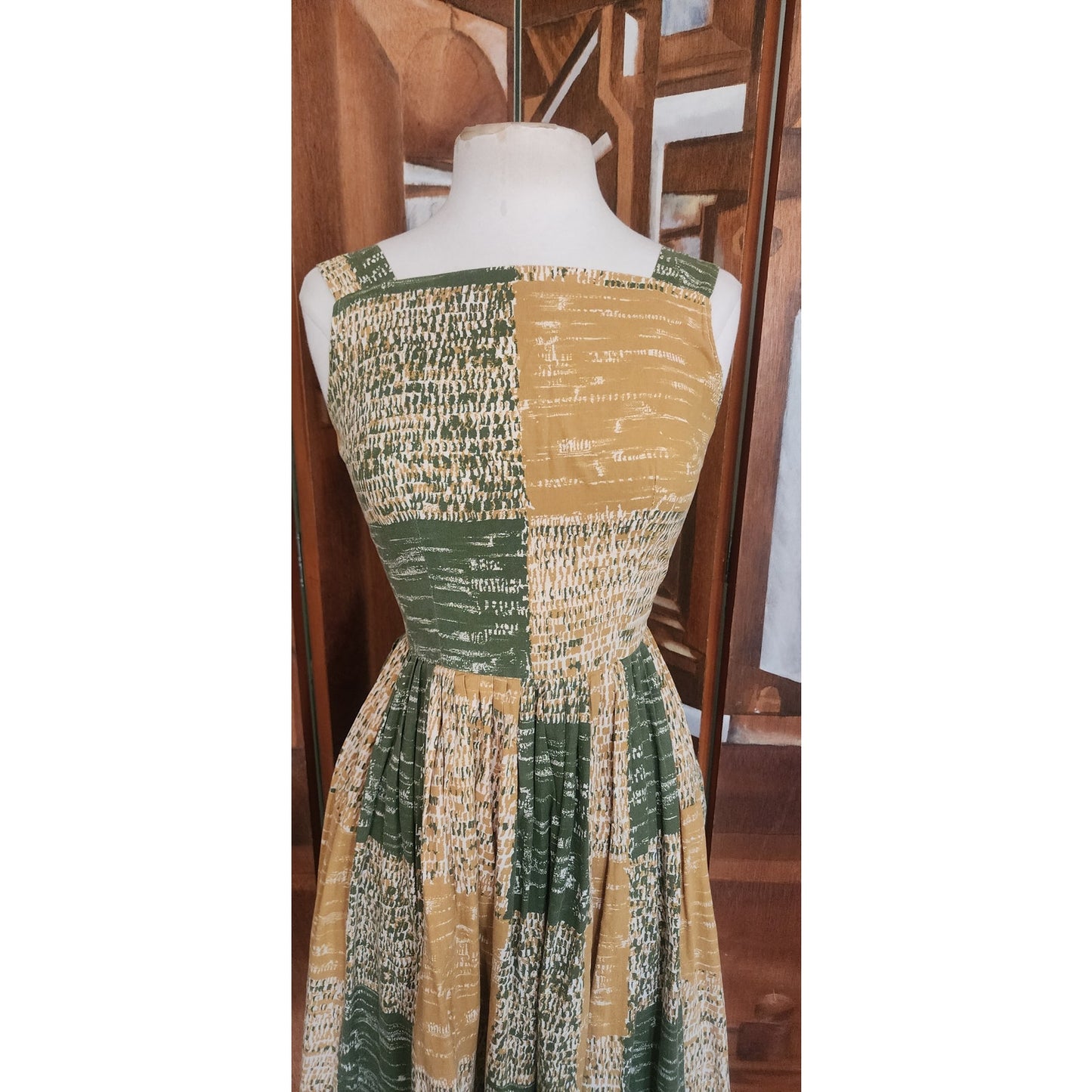 Vintage 40s 50s MCM Cotton Print Sun Dress Green Yellow Gingham Patchwork Rockabilly