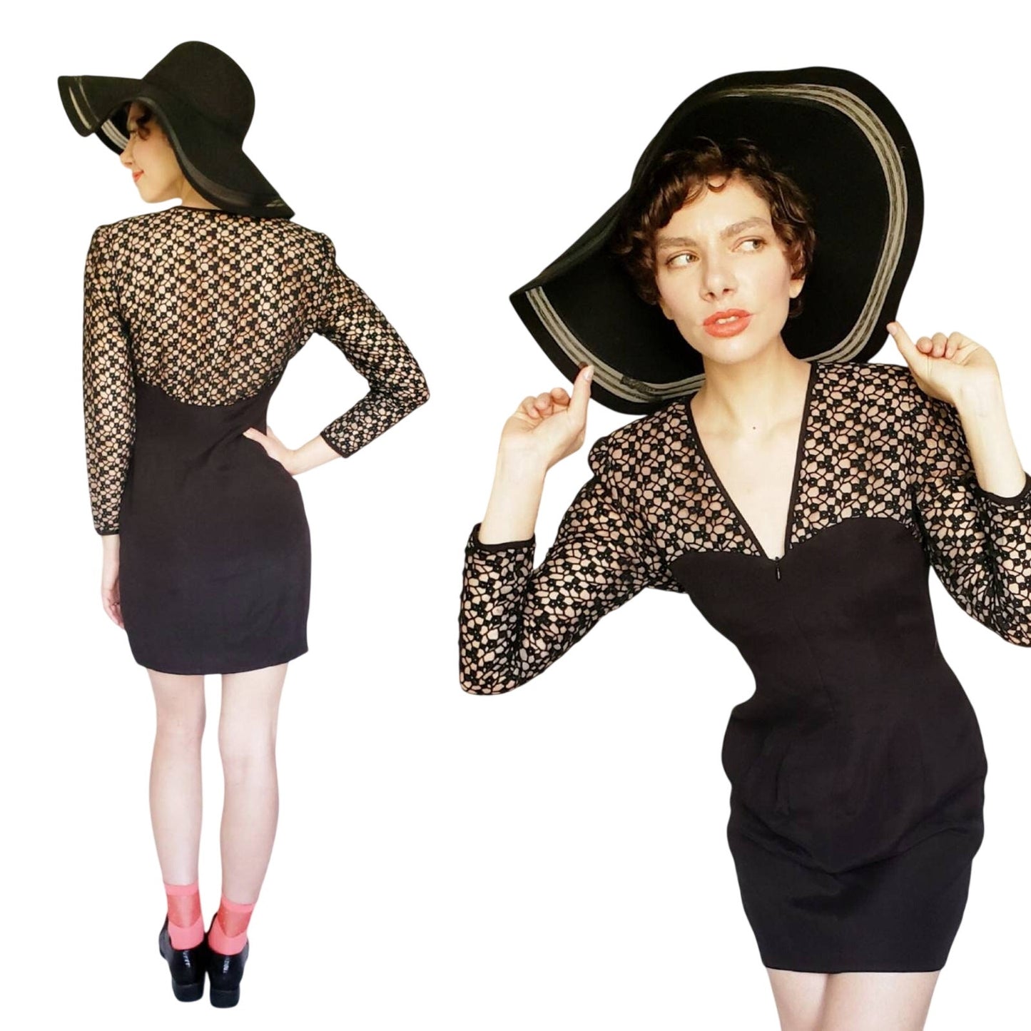 Vintage 1980s Black Party Dress Crochet Lace Nude Illusion Long Sleeved Kathryn Dianos Zip Front