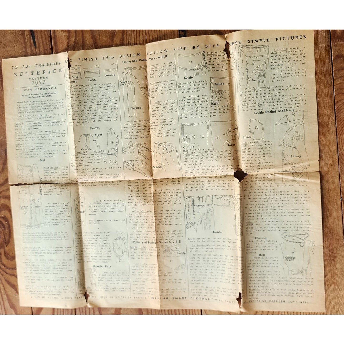 Vintage 30s Sewing Pattern of Fitted Coat w/Collar Butterick 7097 Size 33 Bust