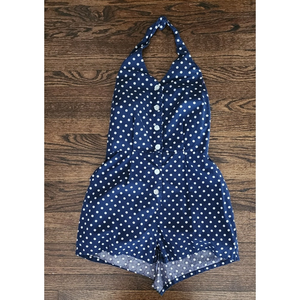 Vintage 70s Romper Polkadot Cotton Print Navy Blue White Halter Top Open Back Sz LARGE