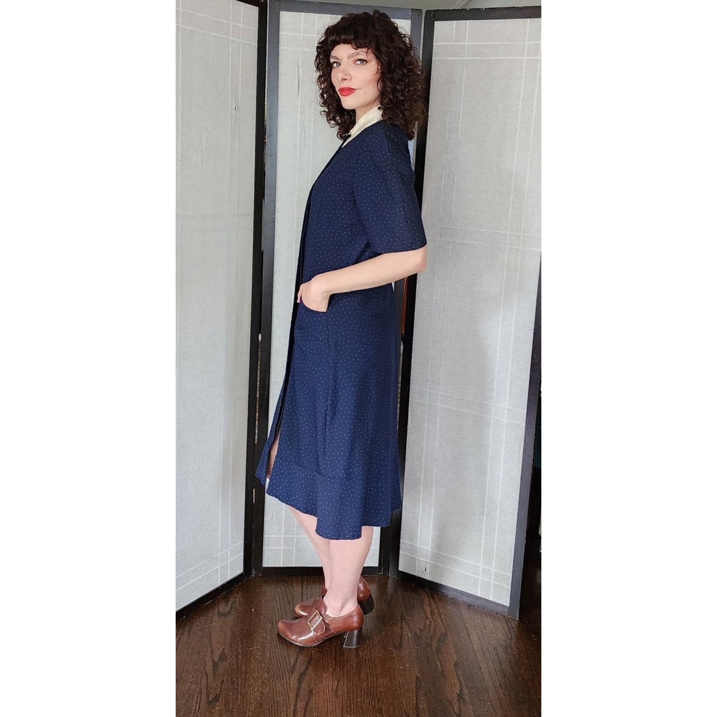 Vintage 80s Krizia Dress Navy Blue White Micro Dot Print White Collar