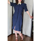 Vintage 80s Krizia Dress Navy Blue White Micro Dot Print White Collar