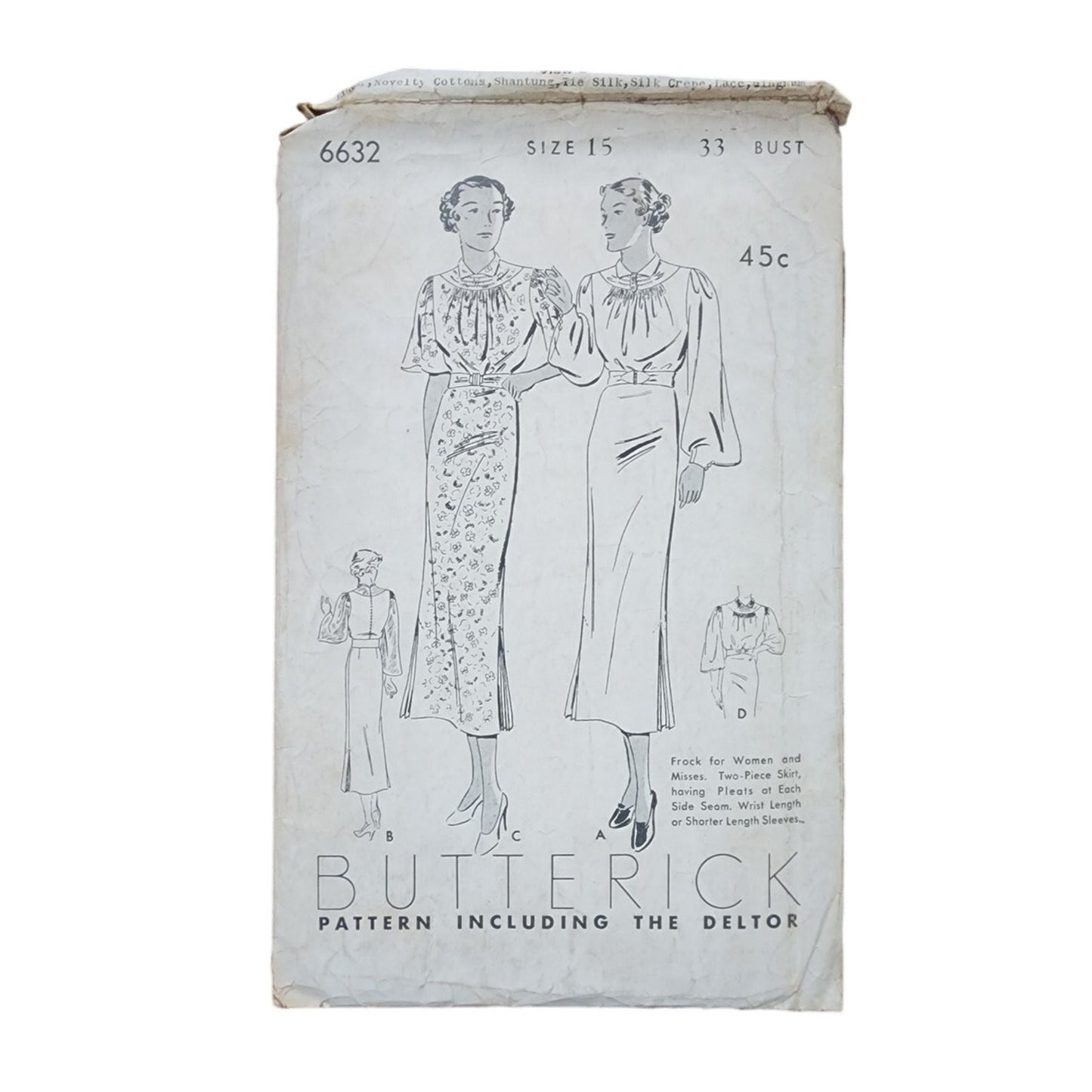 Vintage 1930s Dress Sewing Pattern ORIGINAL: Belted Frock 33 Bust Butterick 6632