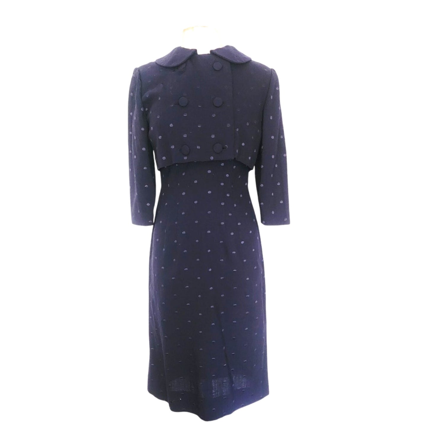 Vintage 50s Dress Jacket Suit Set Navy Blue Polkadot Wool Silk Bombshell Wiggle Viva Las Vegas