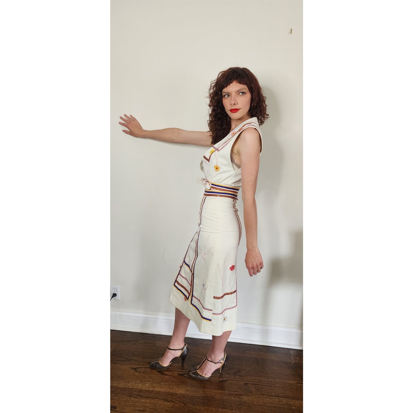 Vintage 1970s Marshall Rouso Skirt + Vest Set in Embroidered Denim / XS