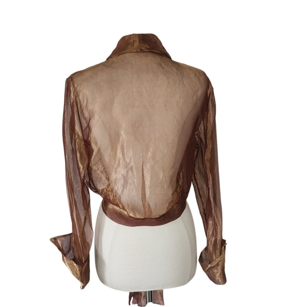 Vintage 90s Sheer Organza Blouse Jacket Copper Brown Sash Tie Belt