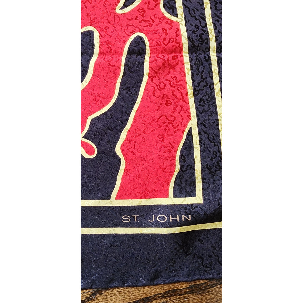 Vintage St John Knit Scarf Silk Print Square Red Black Gold Square