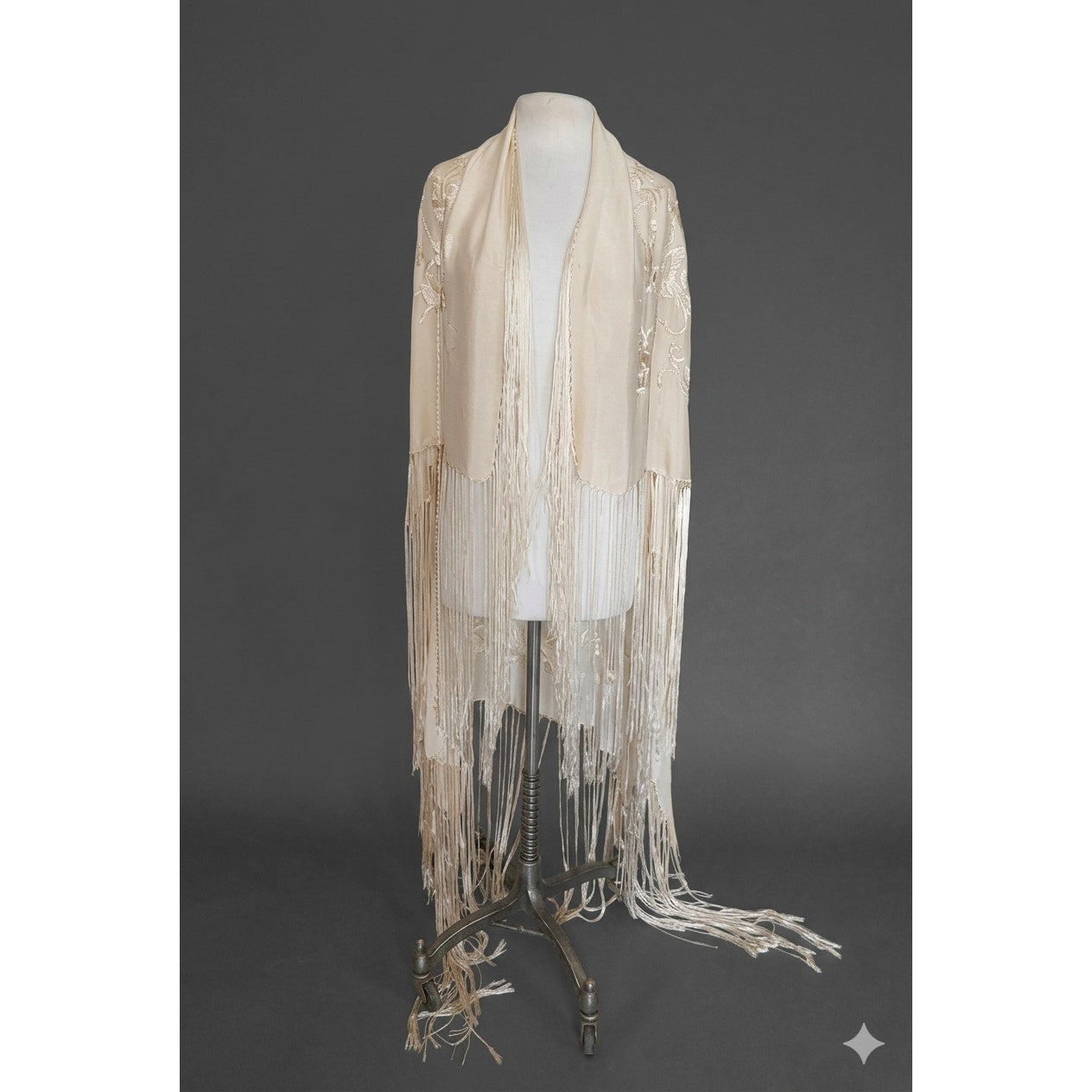 Vintage 1920s Piano Shawl Ivory Silk Embroidered Long Macrame Fringe Manila Evening Wrap