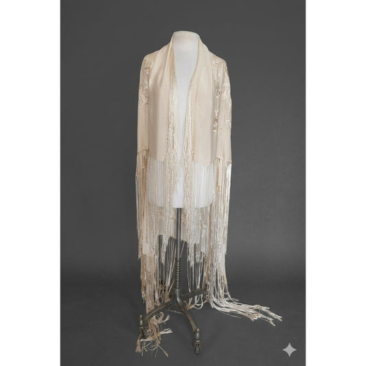 Vintage 1920s Piano Shawl Ivory Silk Embroidered Long Macrame Fringe Manila Evening Wrap