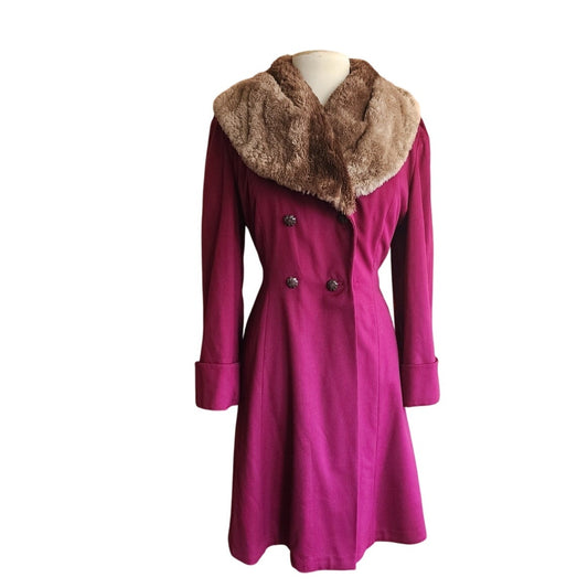 Vintage 1940s Purple Wool Princess Coat Sheared Beaver Fur Collar Double Breasted