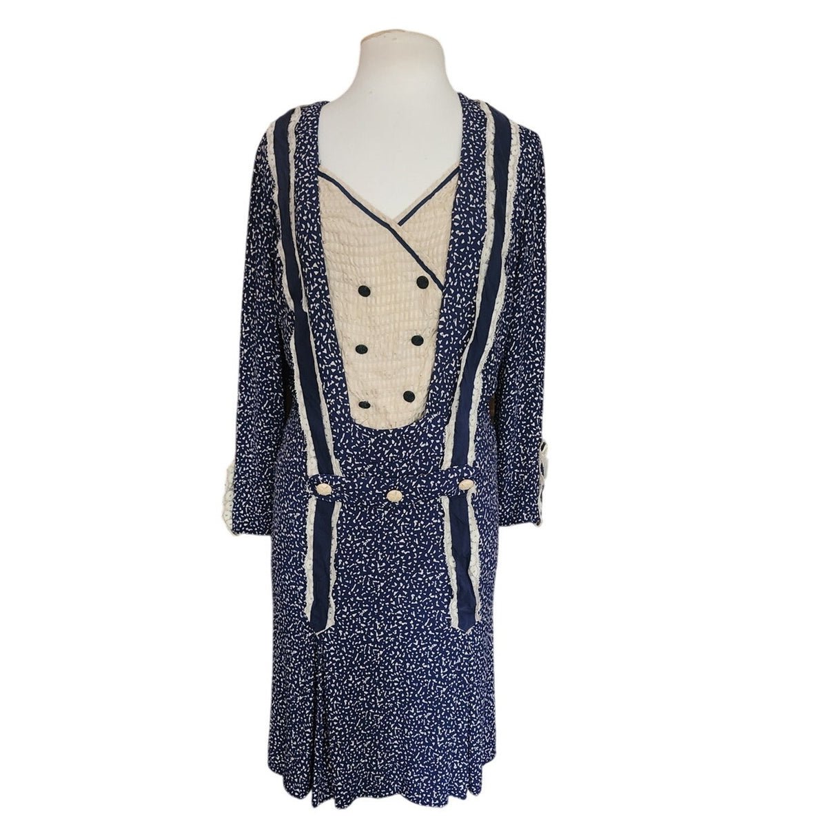 Vintage 1920s Day Dress Silk Print Navy Blue Polkadot Micro Dot Long Sleeves / S