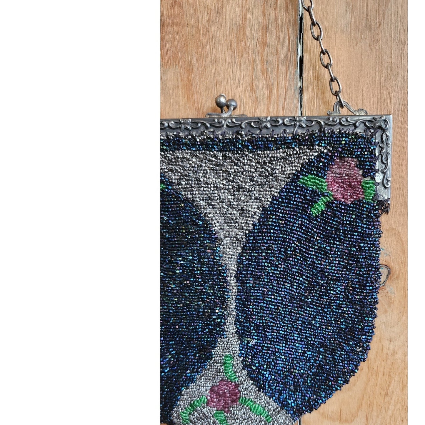 Vintage 20s Beaded Bag Blue Silver Flapper Purse Martini Glass Design