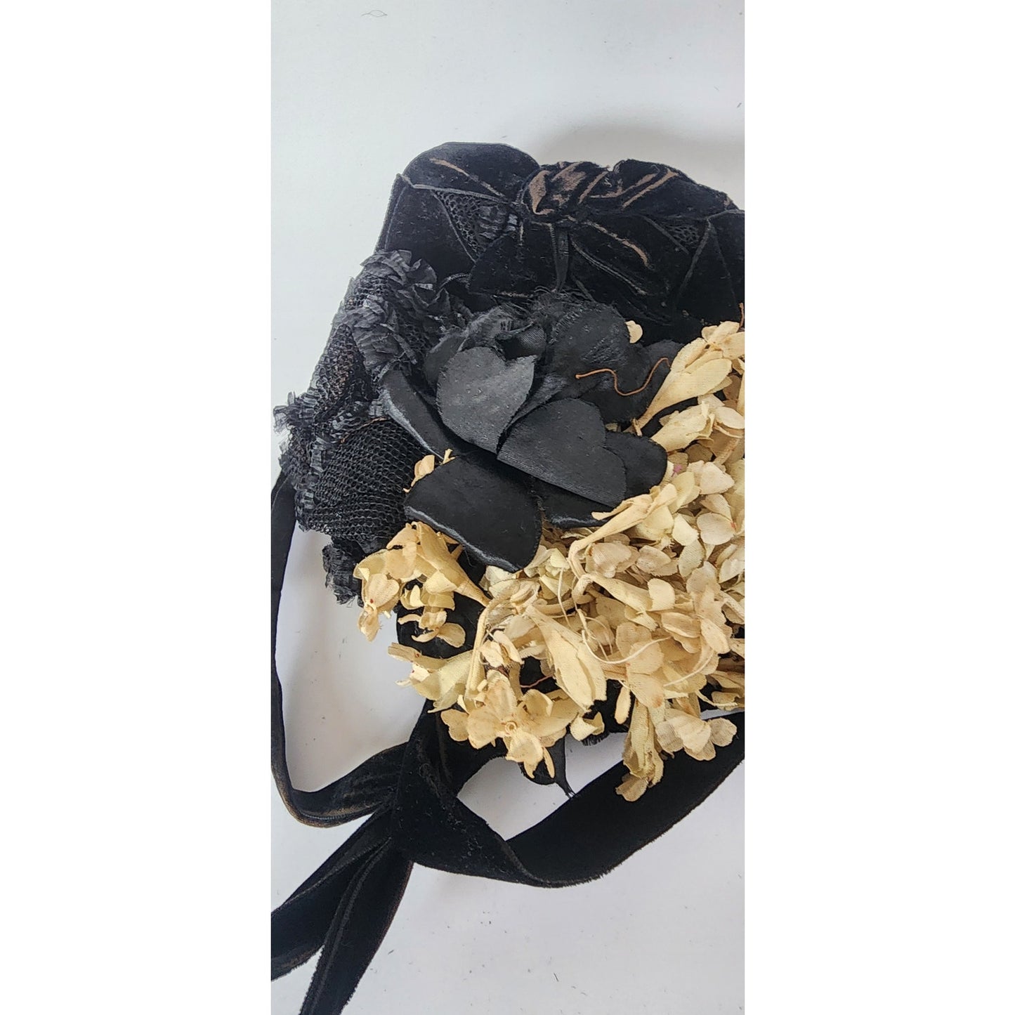 Antique Victorian Hat Black Satin w/Cream Silk Flowers 1800s 19th Century