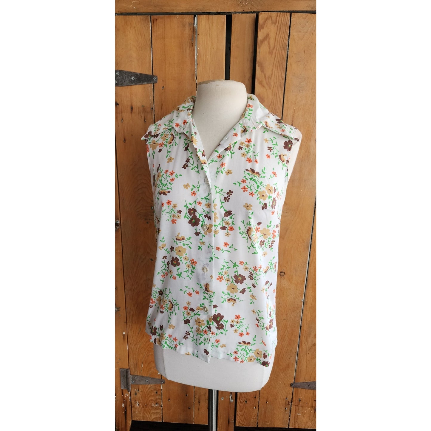 Vintage 70s White Floral & Bird Print Top Sleeveless Shirt / M