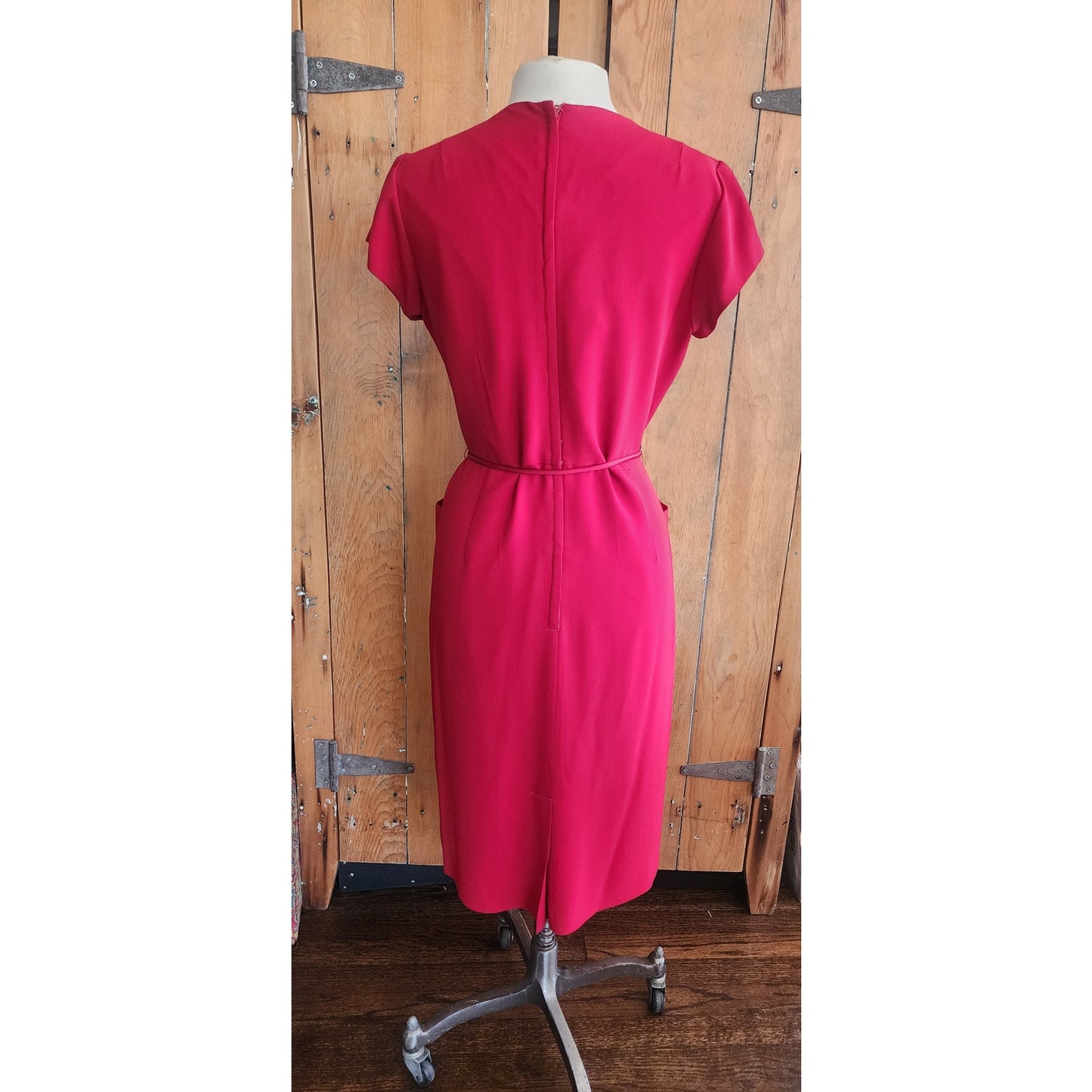 Vintage 40s Dress Red Rayon Short Sleeves Spiral Applique