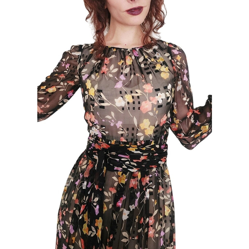 Vintage 1970s Dark Floral Print Dress Gauzy Maxi Sash Tie Belt