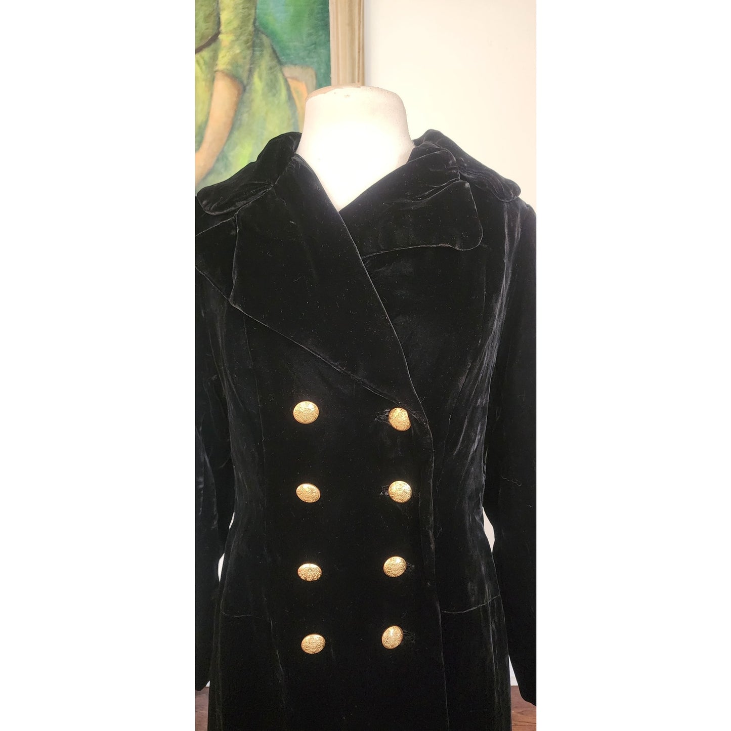 Vintage Black Velvet Opera Coat Double Breasted Gold Buttons