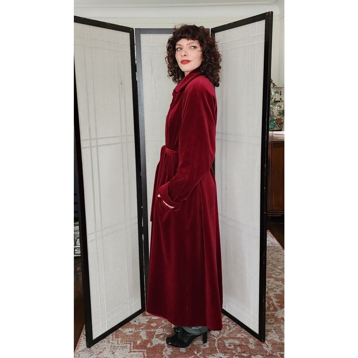 Vintage 80s Red Velvet Coat Raglan Sleeves, Belted