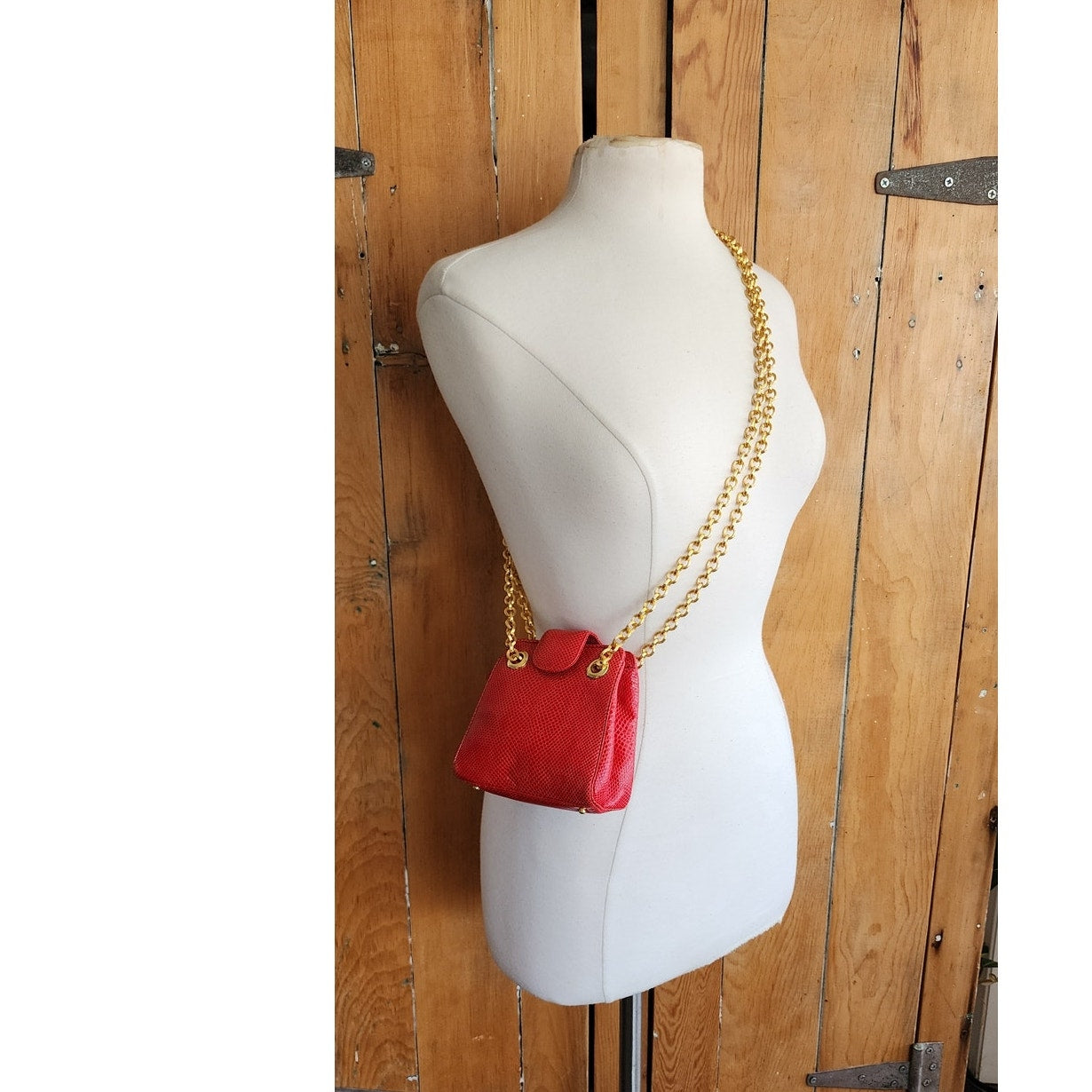 Vintage 90s Judith Leiber Bag Red Lizard Leather Gold Minaudiere