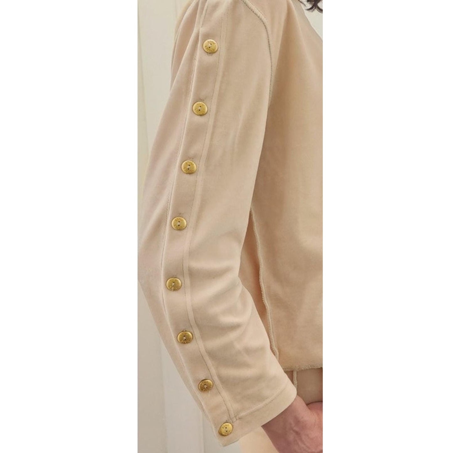 Vintage 1990s Sonia Rykiel Track Suit Beige Velour Gold Logo Buttons Top Pants