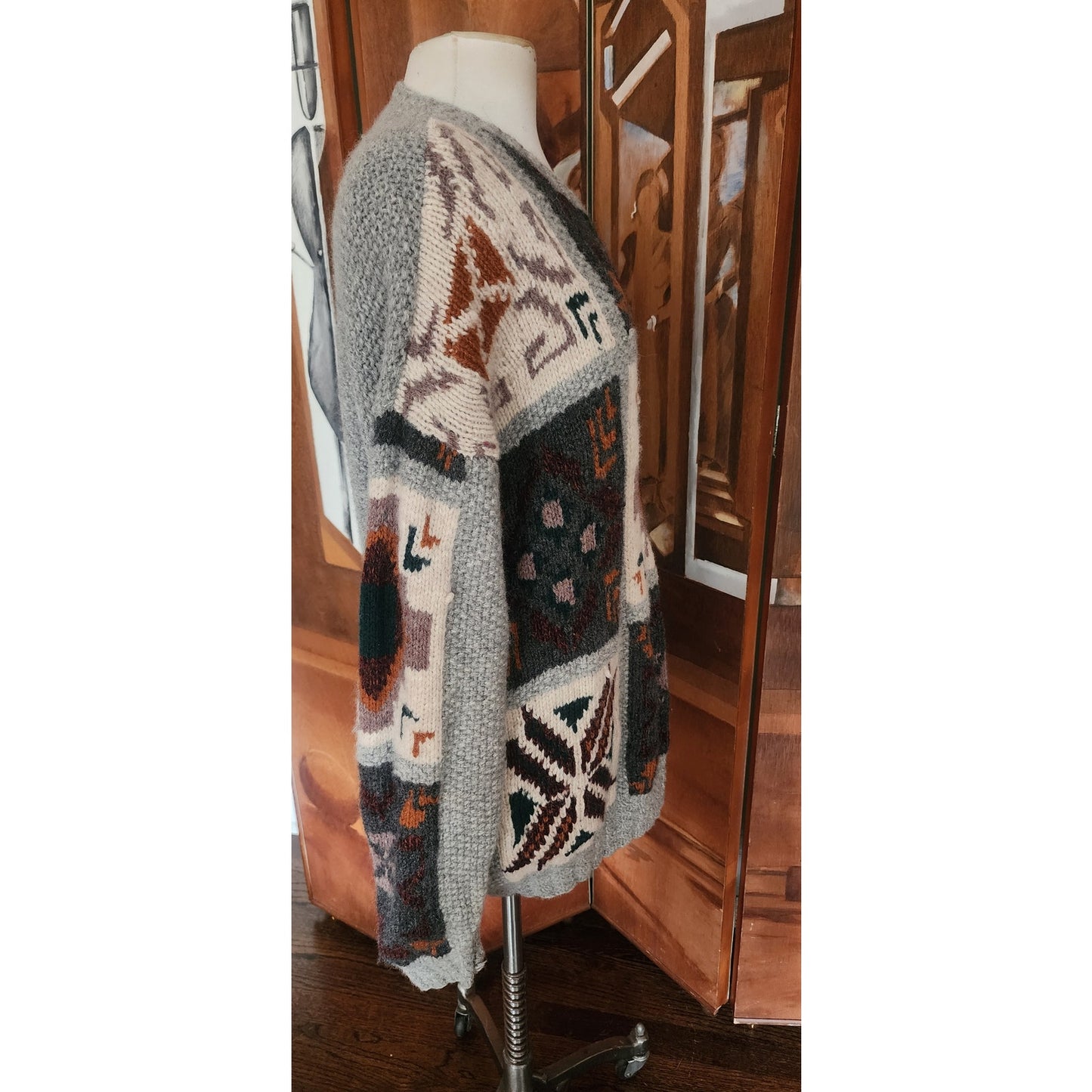 Vintage 1990s Lord & Taylor Ski Sweater Southwestern Geometric Intarsia Gray Wool