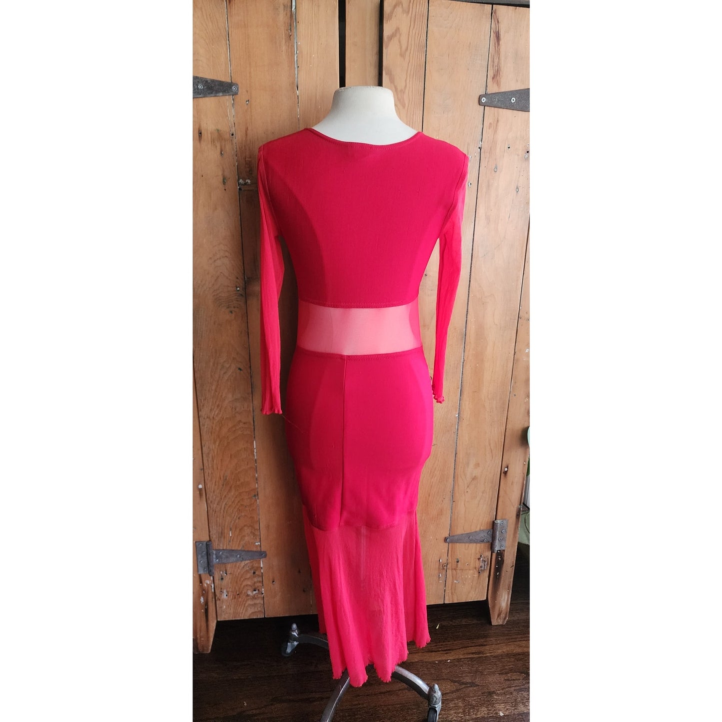 Vintage 90s Red Party Dress Long Bodycon Sheer Panels / Halla / S
