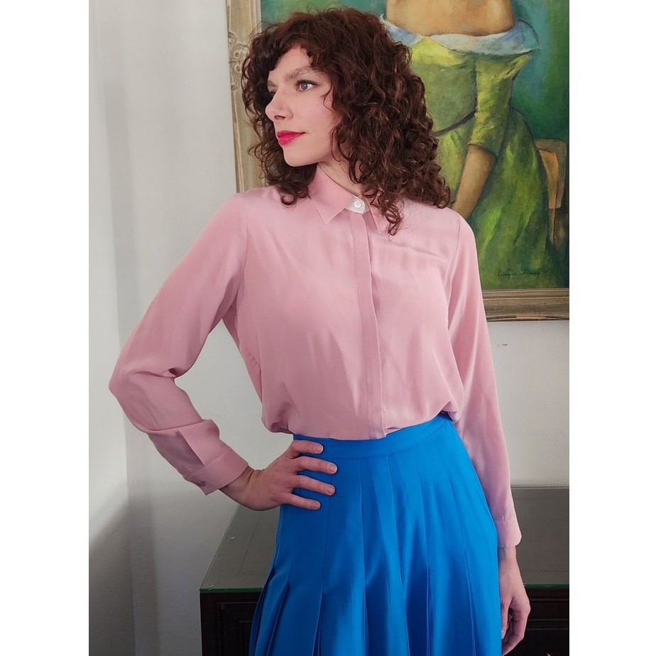 Vintage ESCADA Blouse Pink Silk Button Down Shirt / M