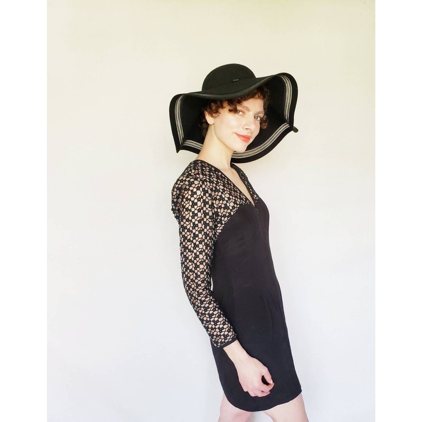 Vintage 1980s Black Party Dress Crochet Lace Nude Illusion Long Sleeved Kathryn Dianos Zip Front